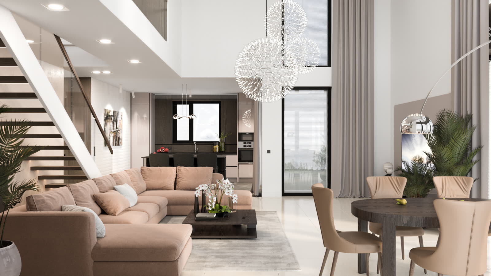 Double-height living room with staircase